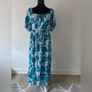 Floral Blue Midi Dress with Puff Sleeves